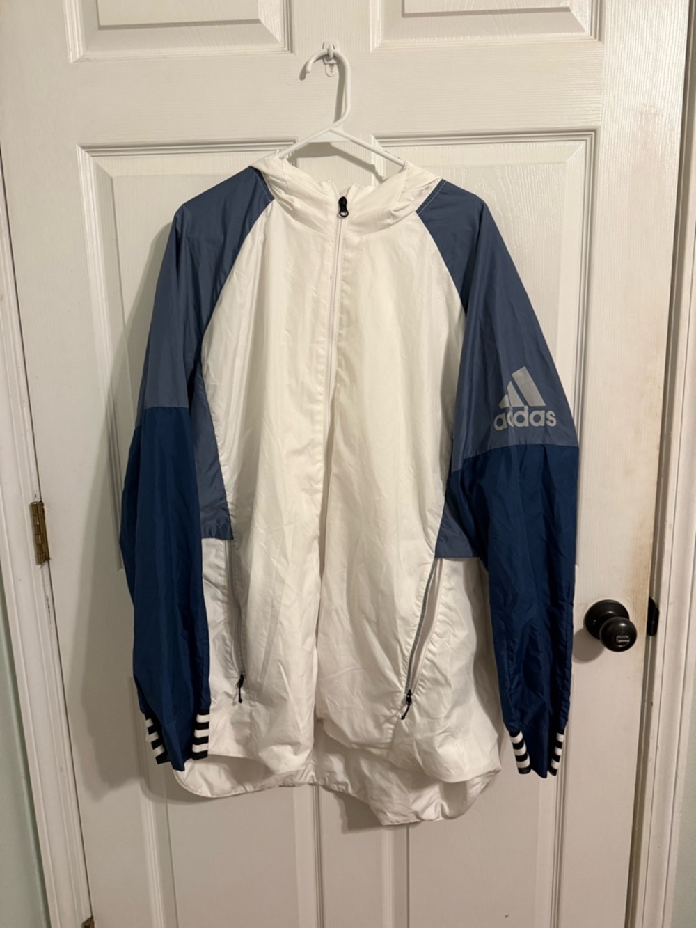 adidas White and Navy Blue Men's Hooded Windbreaker Jacket